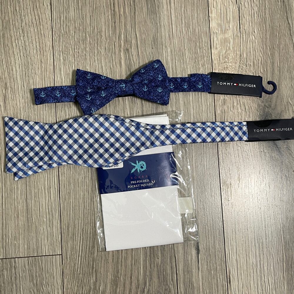 3pc 2 Tommy Hilfiger Linen Bow Ties 1 Egara Pocket Square - Blue & White - $119